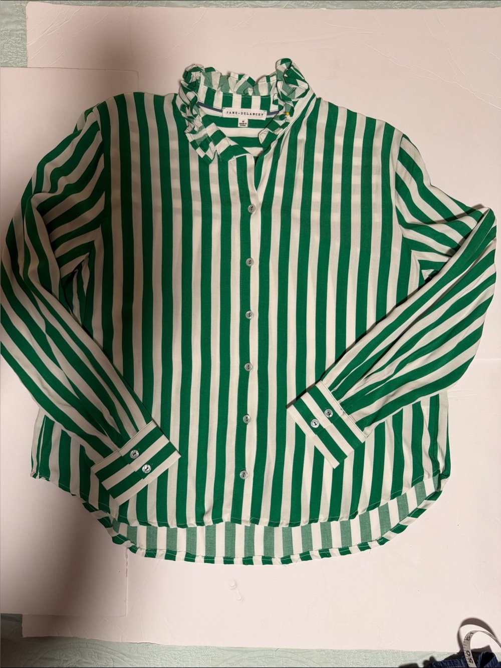 Jane and Delancey Green and White Striped Ruffle Collar Blouse